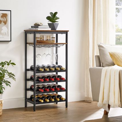 Estante multifuncional para garrafas de vinho e copos NAVARO castanho/preto