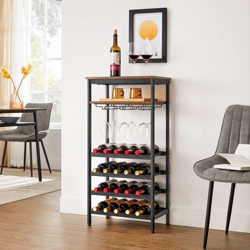 Estante multifuncional para garrafas de vinho e copos NAVARO castanho/preto