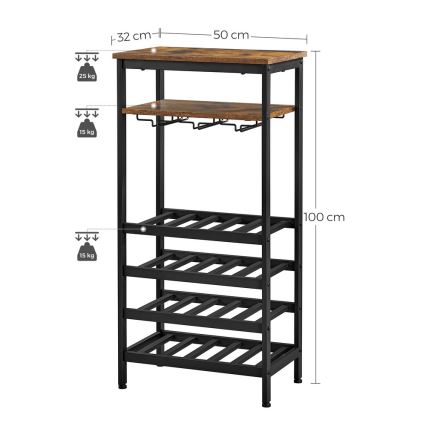 Estante multifuncional para garrafas de vinho e copos NAVARO castanho/preto