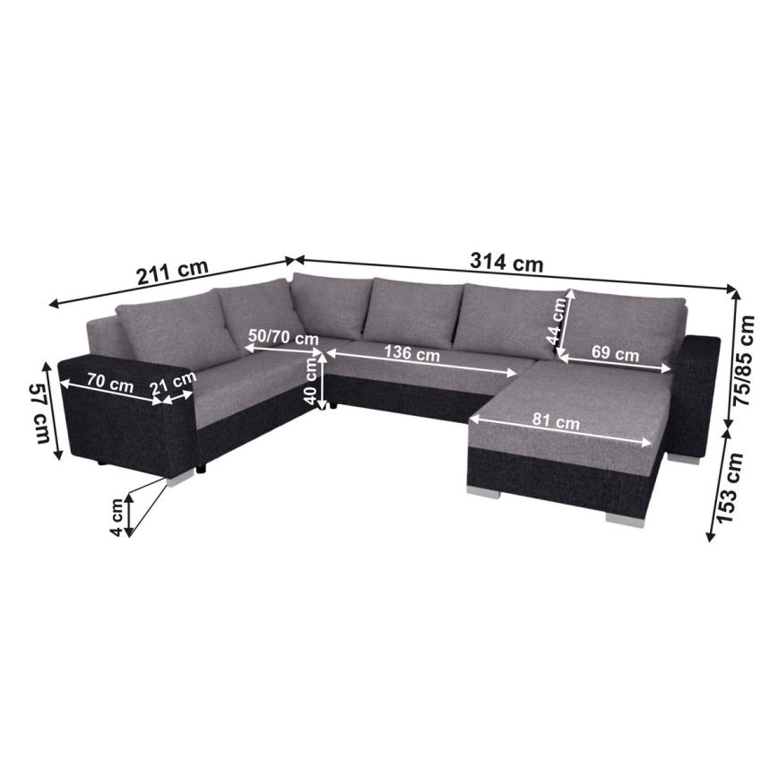 Sofá-cama universal estofado em U YORK cinza/preto