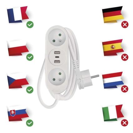 Extensão elétrica 2 tomadas + 2x USB-A + USB-C 1,4 m