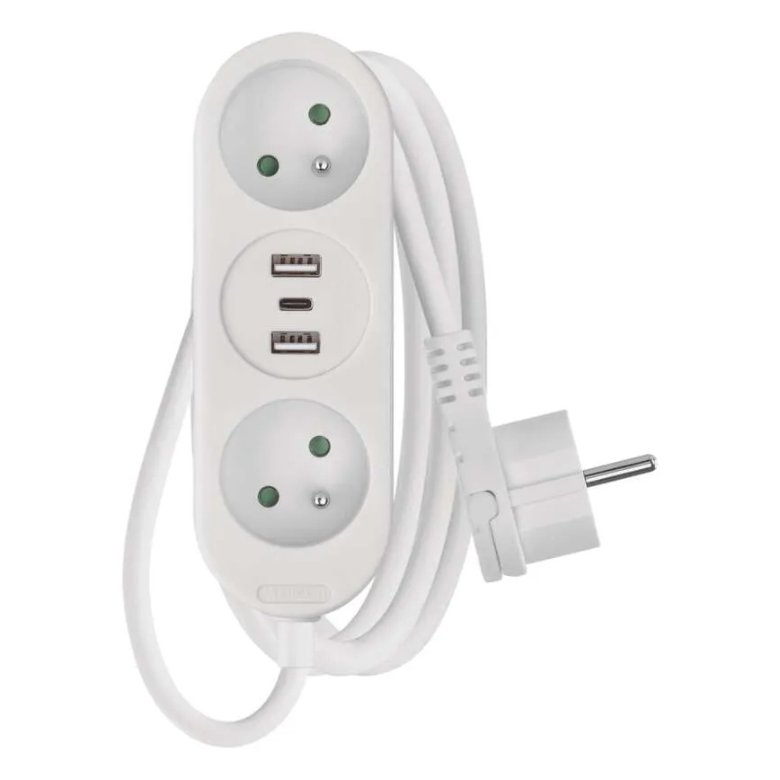 Extensão elétrica 2 tomadas + 2x USB-A + USB-C 1,4 m