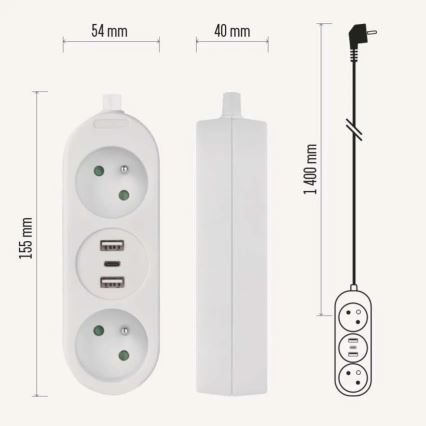 Extensão elétrica 2 tomadas + 2x USB-A + USB-C 1,4 m