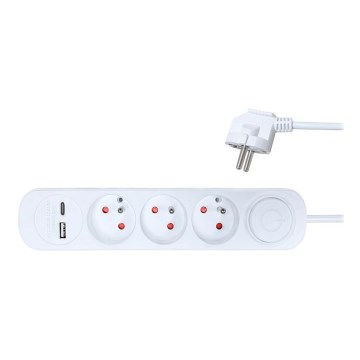 Extensão com interruptor 3 tomadas + 2xUSB 2m branco