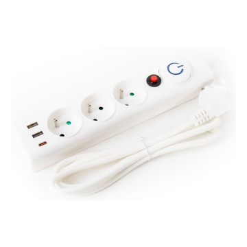 Extensão com interruptor 3 tomadas Tipo E + 2xUSB-A + 1xUSB-C 1,5m