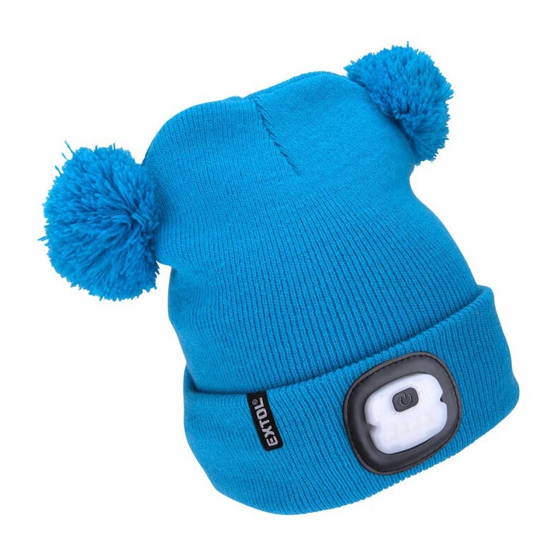 Extol - Gorro com uma lanterna de cabeça e carregador USB 250 mAh azul com pompoms tamanho infantil