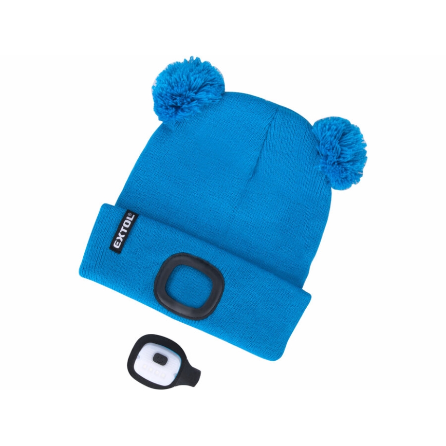 Extol - Gorro com uma lanterna de cabeça e carregador USB 250 mAh azul com pompoms tamanho infantil