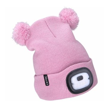 Extol - Gorro com uma lanterna de cabeça e carregador USB 250 mAh rosa com pompoms tamanho infantil