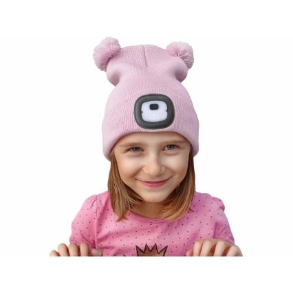Extol - Gorro com uma lanterna de cabeça e carregador USB 250 mAh rosa com pompoms tamanho infantil