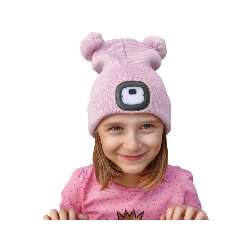 Extol - Gorro com uma lanterna de cabeça e carregador USB 250 mAh rosa com pompoms tamanho infantil