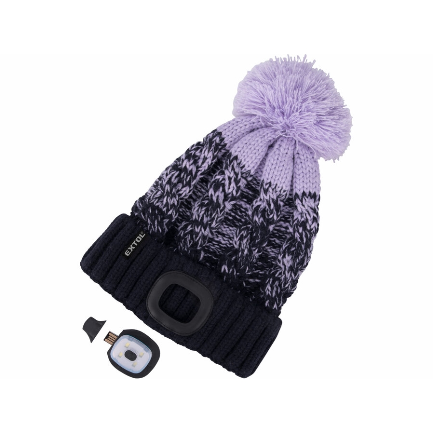 Extol - Gorro com uma lanterna de cabeça e carregador USB 300 mAh azul/roxo com pompom tamanho UNI