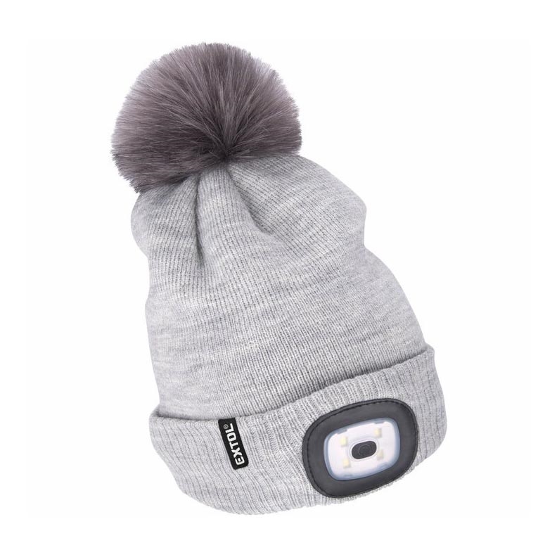 Extol - Gorro com uma lanterna de cabeça e carregador USB 300 mAh cinzento com pompom tamanho  UNI