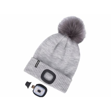 Extol - Gorro com uma lanterna de cabeça e carregador USB 300 mAh cinzento com pompom tamanho  UNI