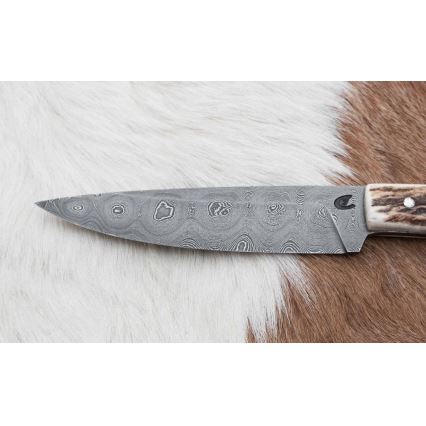 Faca de caça em Damasco com mini-serra 12 cm chifre de veado