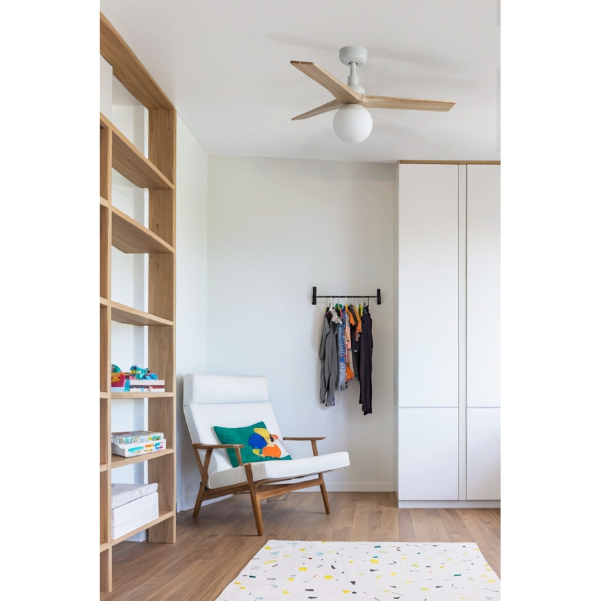 FARO 34281WT-11L - Ventilador de teto KLIM S 1xE27/15W/230V pinho/branco diâmetro 92,5 cm Wi-Fi Tuya + controlo remoto