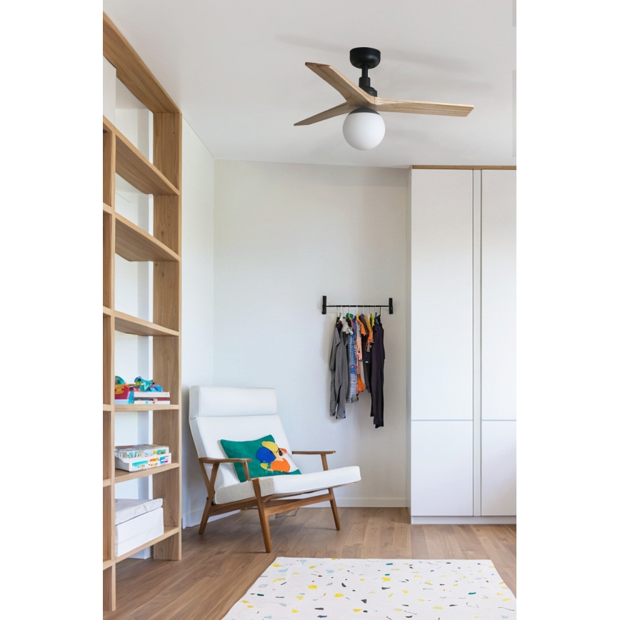 FARO 34284WT-11L - Ventilador de teto KLIM S 1xE27/15W/230V pinho/preto diâmetro 92,5 cm Wi-Fi Tuya + controlo remoto
