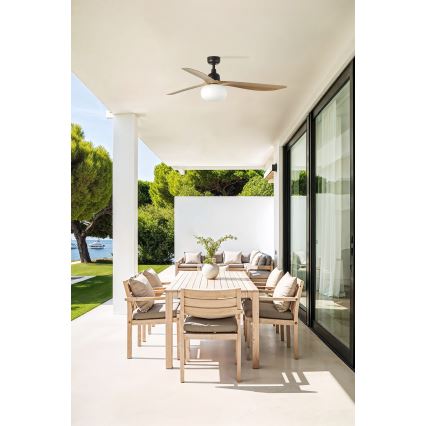 FARO 34360WT-11L - Ventoinha de teto OUTWOOD L 1xE27/15W/230V castanho/preto diâmetro 150 cm Wi-Fi Tuya IP44 + comando
