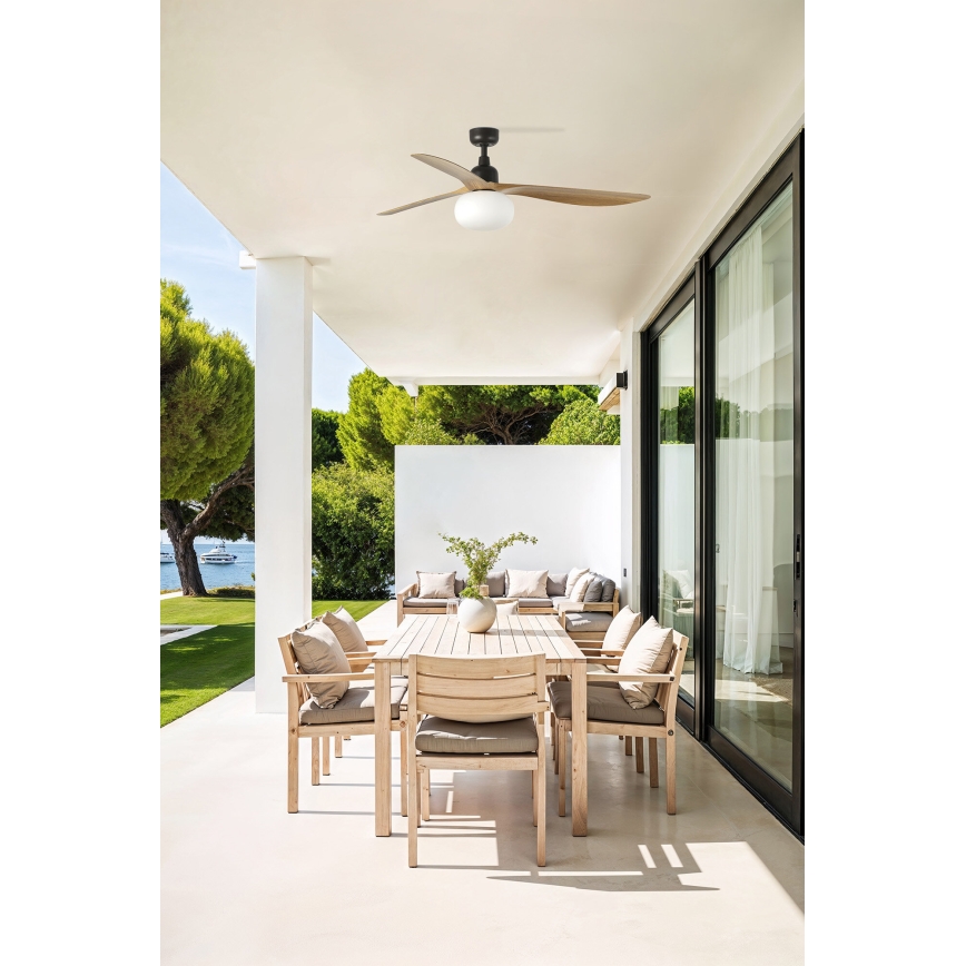 FARO 34360WT-11L - Ventoinha de teto OUTWOOD L 1xE27/15W/230V castanho/preto diâmetro 150 cm Wi-Fi Tuya IP44 + comando