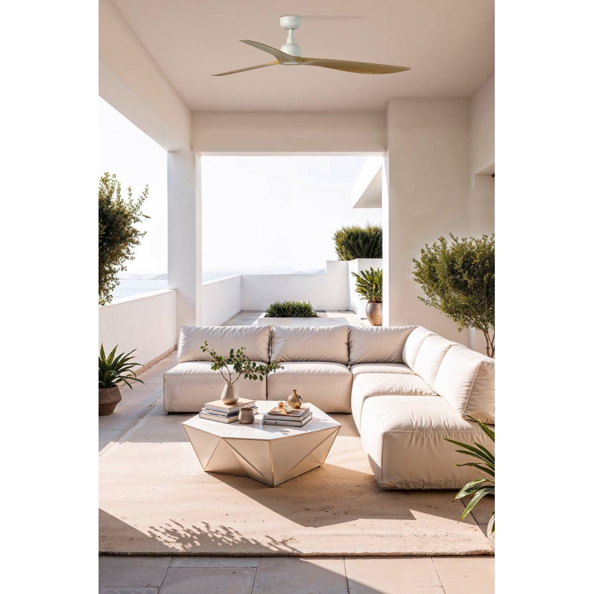 FARO 34361WT - Ventoinha de teto OUTWOOD L castanho/branco diâmetro 150 cm Wi-Fi Tuya IP44 + comando