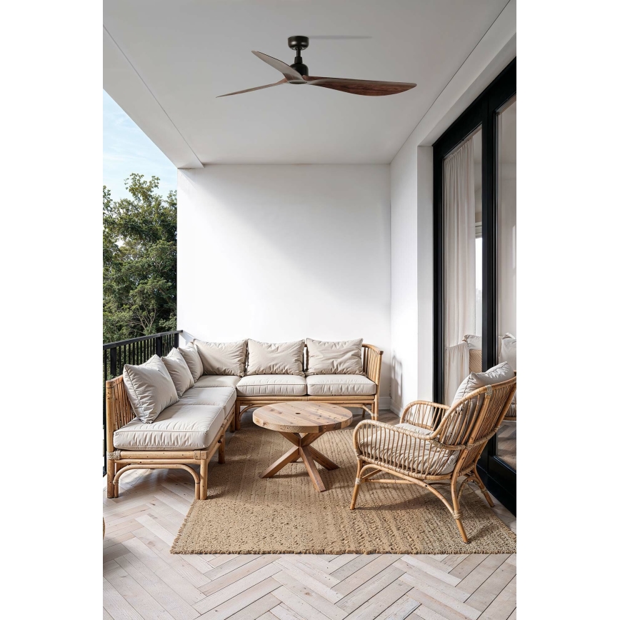 FARO 34362WT - Ventilador de tecto OUTWOOD L, castanho/preto, diâmetro 150 cm, Wi‑Fi Tuya, IP44 + comando à distância