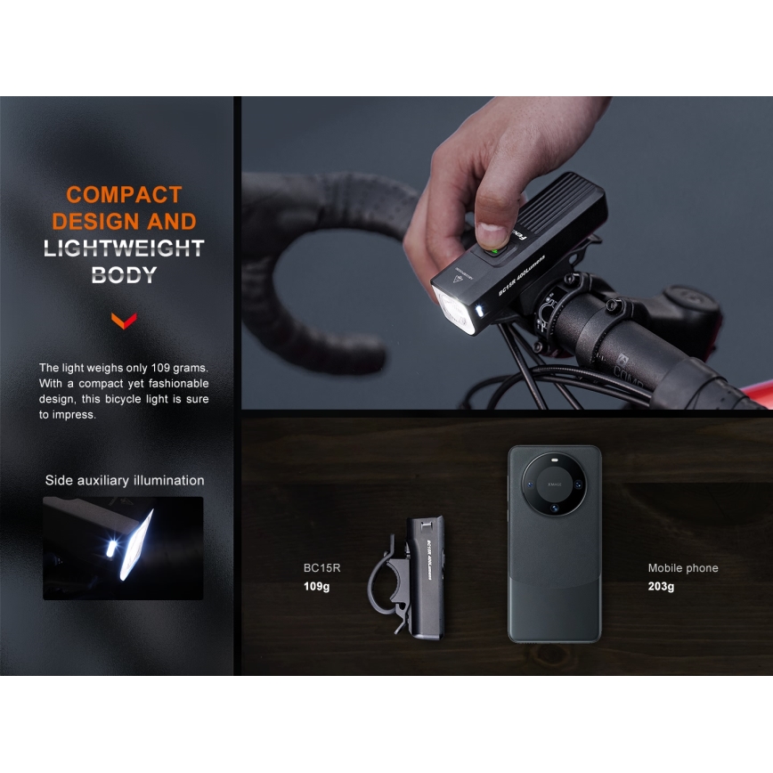 Fenix BC15R - LED Luz de bicicleta recarregável e regulável LED/USB IP66 400 brilhante 31,5 h 2600 mAh