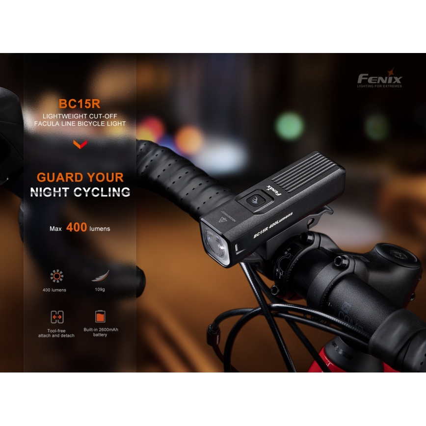 Fenix BC15R- Luz de bicicleta LED recarregável e regulável LED/USB IP66 400 lm 31,5 horas
