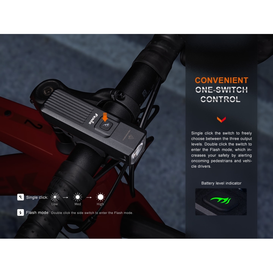 Fenix BC15R- Luz de bicicleta LED recarregável e regulável LED/USB IP66 400 lm 31,5 horas