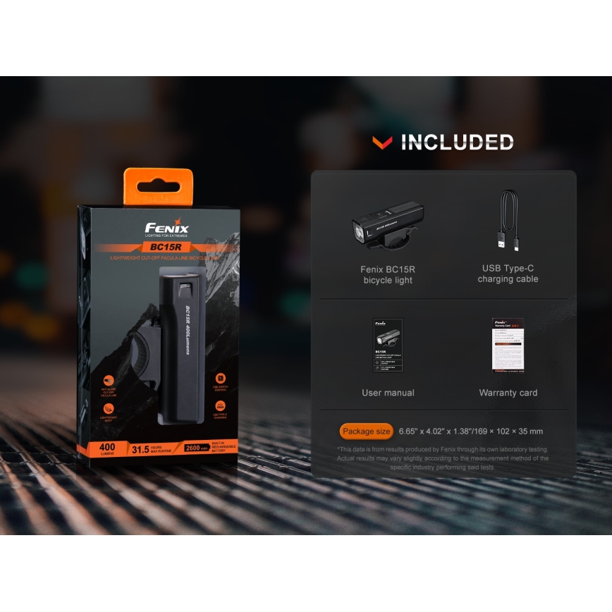 Fenix BC15R- Luz de bicicleta LED recarregável e regulável LED/USB IP66 400 lm 31,5 horas