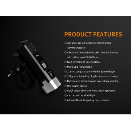 Fenix BC25R - Iluminação de bicicleta recarregável LED LED/USB IP66 600 lm 36 hrs