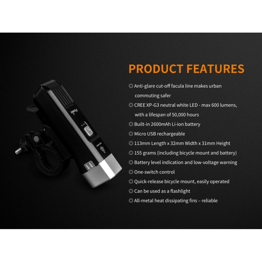 Fenix BC25R - Iluminação de bicicleta recarregável LED LED/USB IP66 600 lm 36 hrs