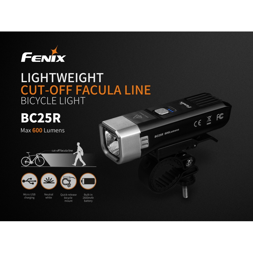 Fenix BC25R - Iluminação de bicicleta recarregável LED LED/USB IP66 600 lm 36 hrs