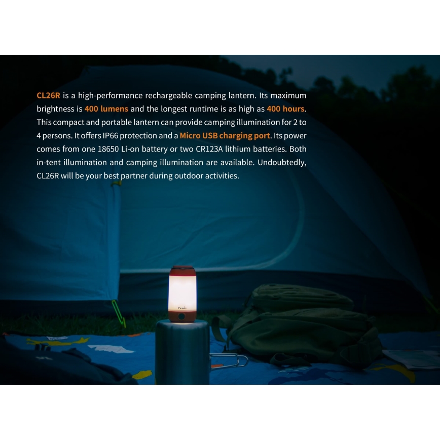 Fenix CL26RRED - LED Regulação portable rechargeable candeeiro LED/USB IP66 400 lm 400 h laranja