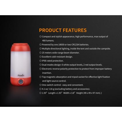 Fenix CL26RRED - LED Regulação portable rechargeable candeeiro LED/USB IP66 400 lm 400 h laranja