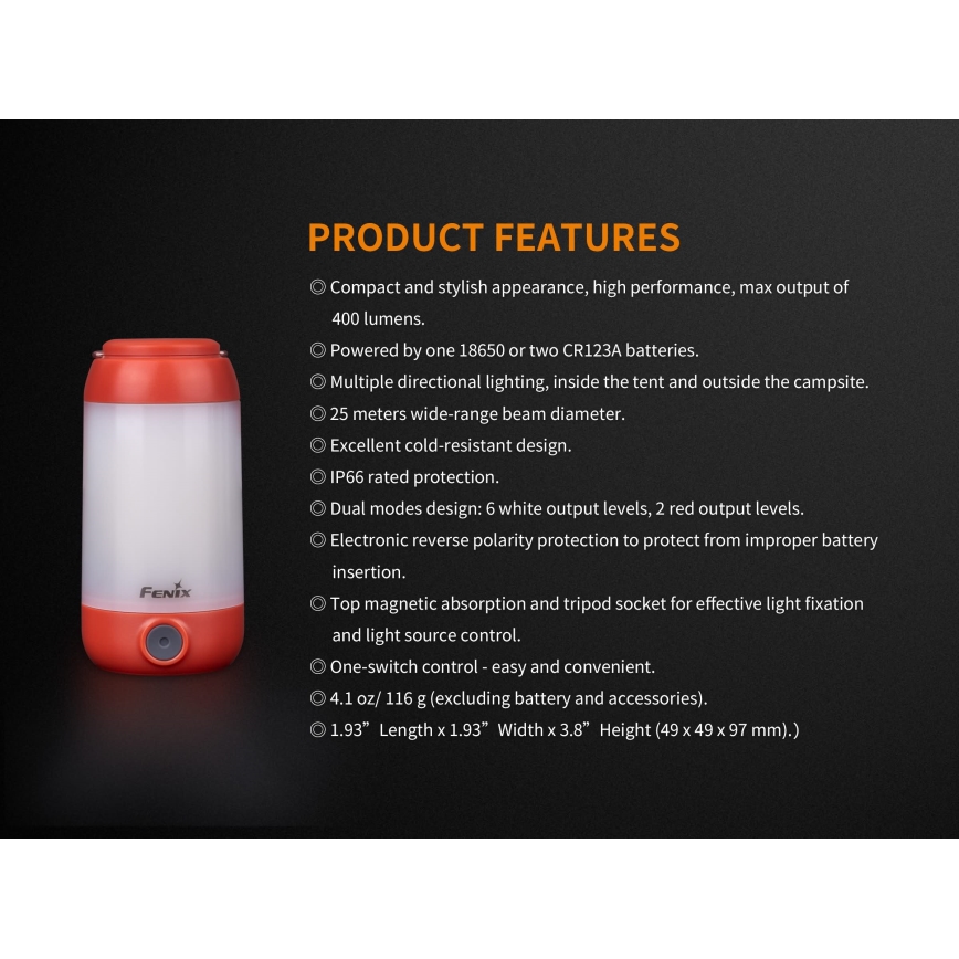 Fenix CL26RRED - LED Regulação portable rechargeable candeeiro LED/USB IP66 400 lm 400 h laranja