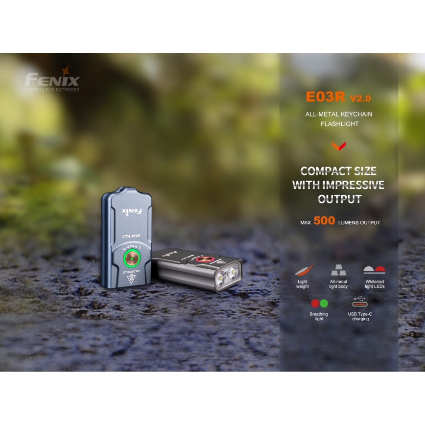 Fenix E03RV20BLU - Lanterna recarregável LED LED/USB IP66 500 lm 30 h