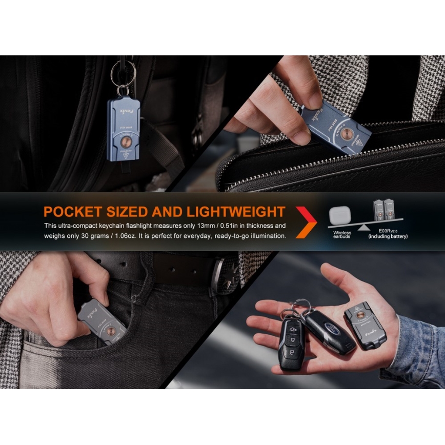 Fenix E03RV20BLU - Lanterna recarregável LED LED/USB IP66 500 lm 30 h