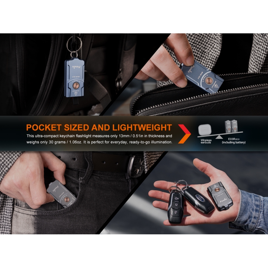 Fenix E03RV20GREY - Lanterna recarregável LED LED/USB IP66 500 brilhante 30 h 400 mAh