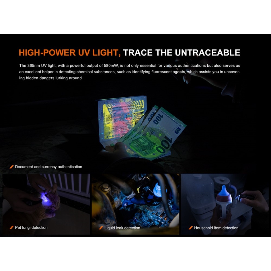 Fenix E06RTKS - Lanterna LED com regulação UV LED/USB IP66 700 lm 60 h 750 mAh turquesa