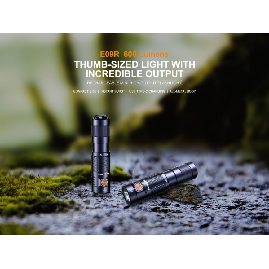 Fenix E09R - Lanterna recarregável LED LED/USB IP68 600 lm 70 hrs