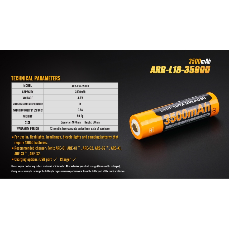 Fenix FE18650LI35USB - 1pc Bateria recarregável USB/3,6V 3500 mAh