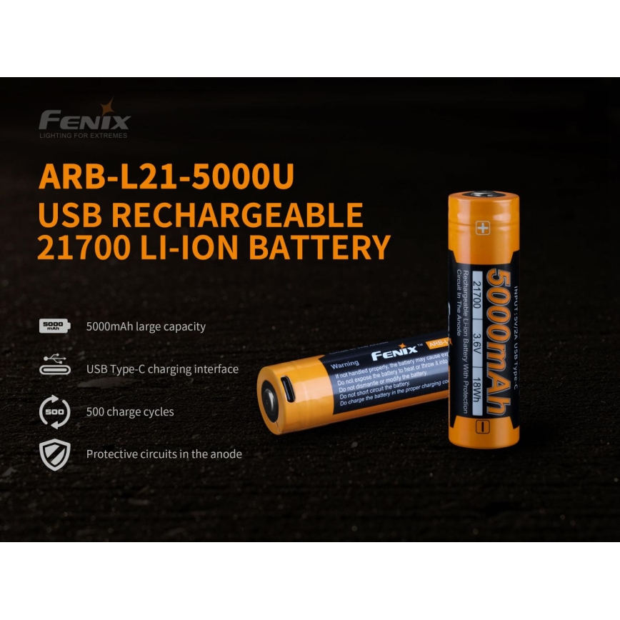 Fenix FE21700USB - 1pc Pilha recarregável USB/3,6V 5000 mAh