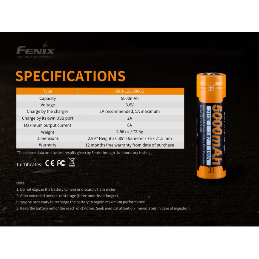 Fenix FE21700USB - 1pc Pilha recarregável USB/3,6V 5000 mAh