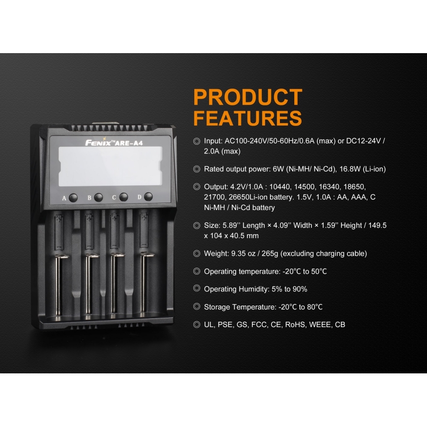 Fenix FENAREA4 - Carregador de pilhas 4xLi-ion/AAA/AA/C 5V
