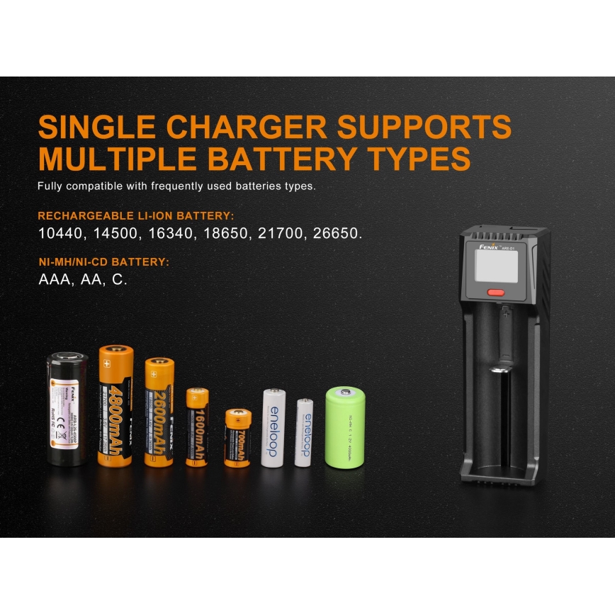 Fenix FENARED1 - Carregador de pilhas 1xLi-ion/AAA/AA/C 5V