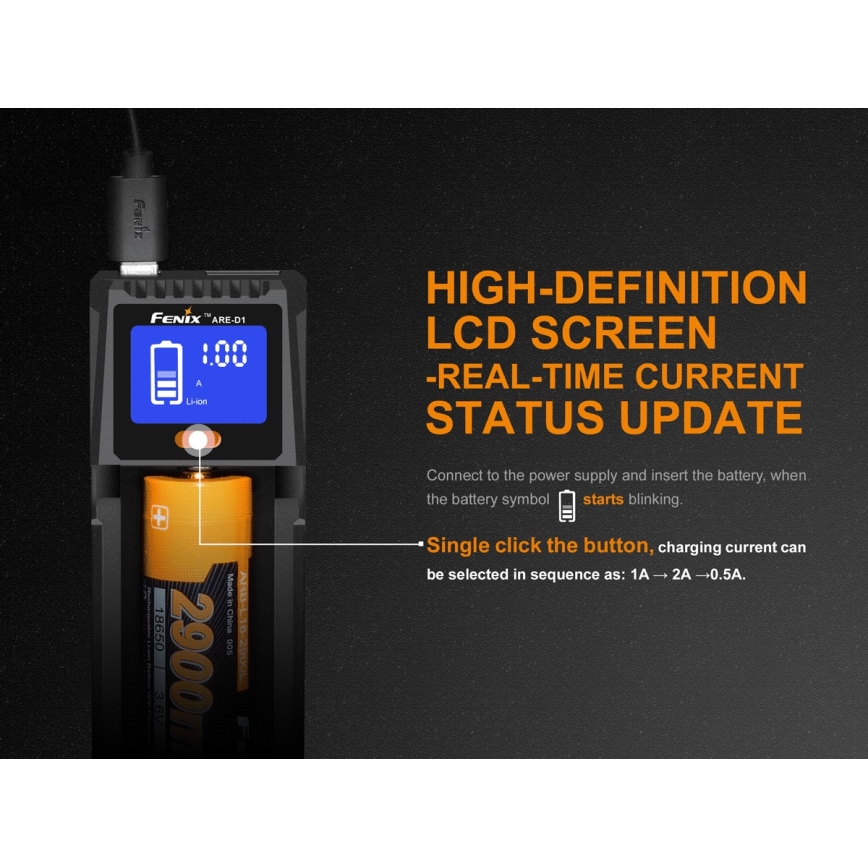 Fenix FENARED1 - Carregador de pilhas 1xLi-ion/AAA/AA/C 5V