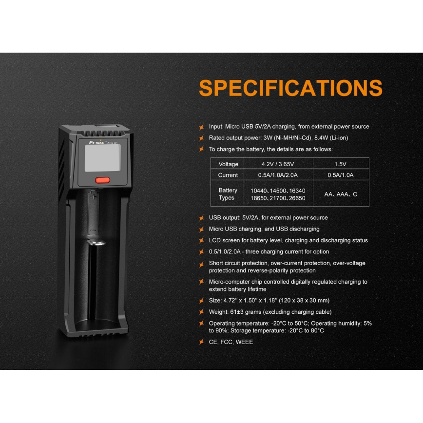 Fenix FENARED1 - Carregador de pilhas 1xLi-ion/AAA/AA/C 5V