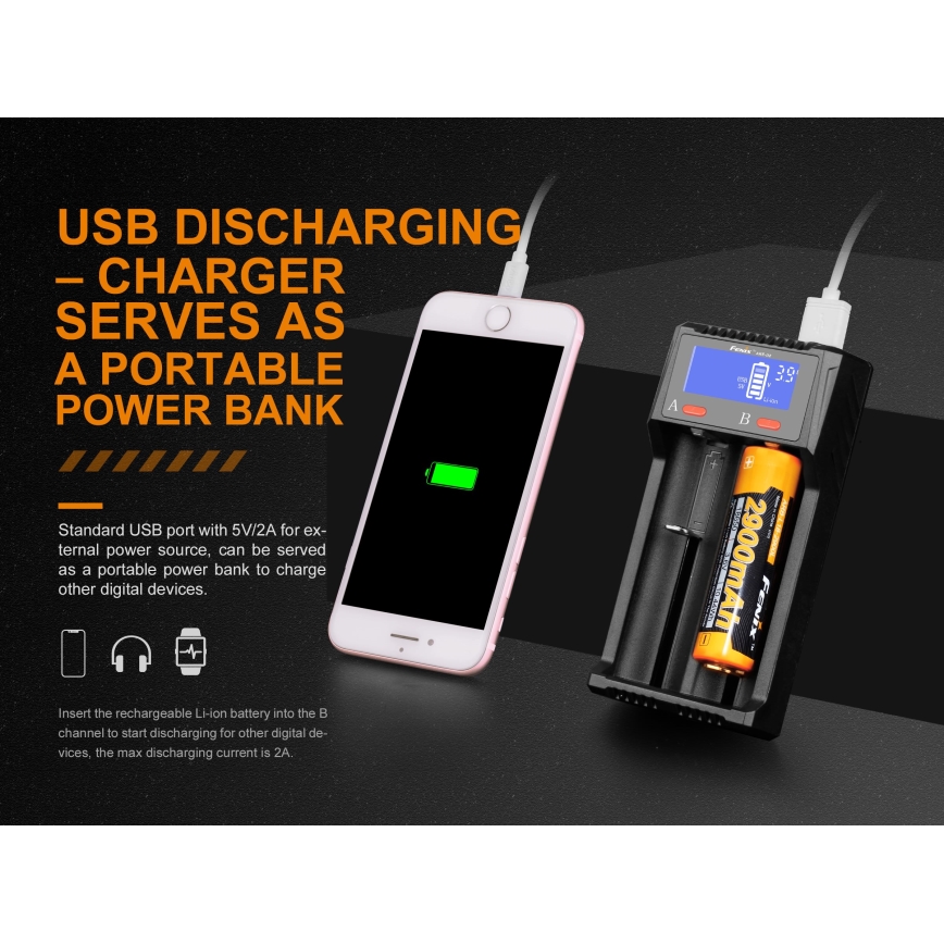 Fenix FENARED2 - Carregador de pilhas 2xLi-ion/AAA/AA/C 5V