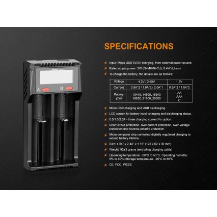 Fenix FENARED2 - Carregador de pilhas 2xLi-ion/AAA/AA/C 5V