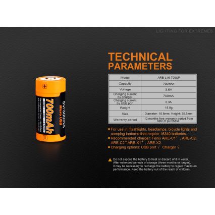 Fenix FERCR123ALIIONUP - 1pc Bateria recarregável USB/3,6V 700 mAh