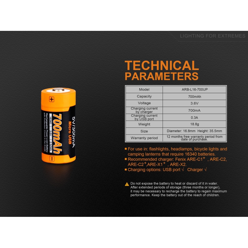 Fenix FERCR123ALIIONUP - 1pc Bateria recarregável USB/3,6V 700 mAh